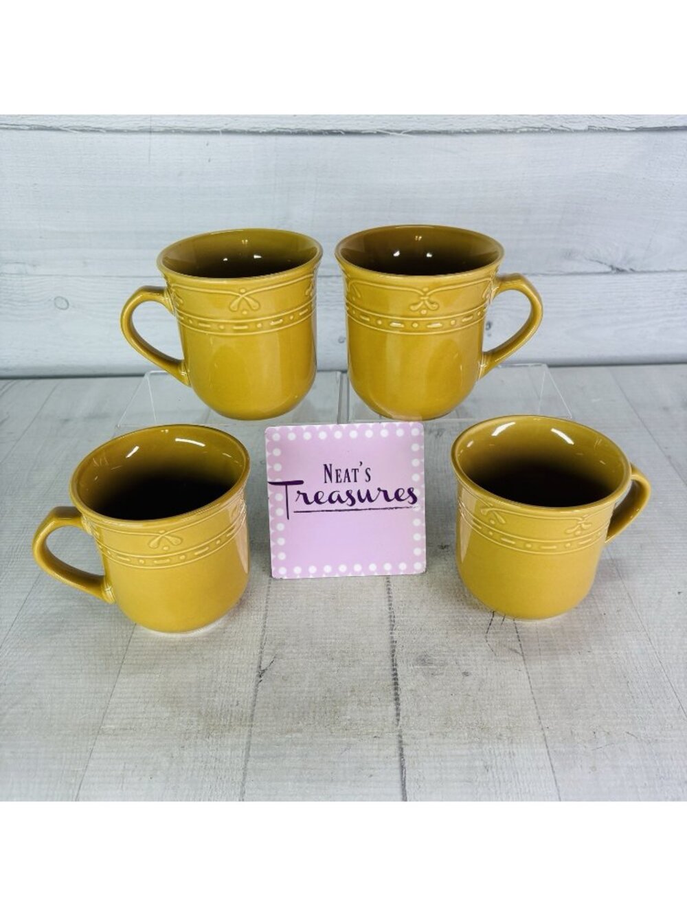JCPenny FIRENZA DIJOR MUSTARD Embossed Fleur-De-Lis 14oz Ceramic Cup Mug Set 4